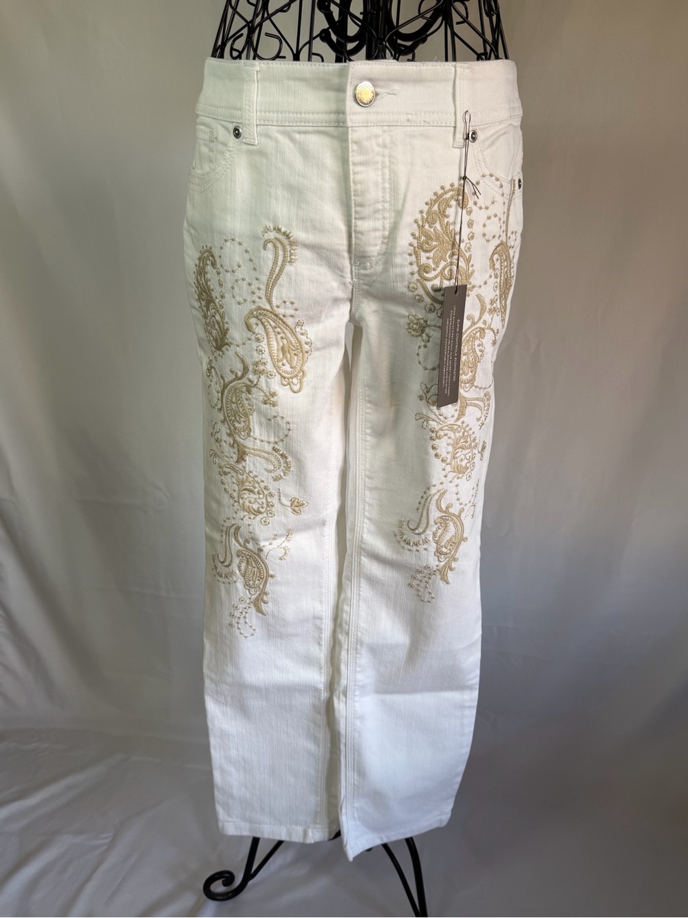 Chico's White Straight-Leg Jeans with Cream Paisley Embroidery